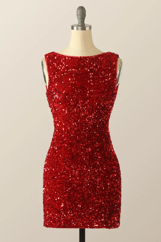 Scoop Red Sequin Tight Mini Dress with Cowl Back Elegant Mini Dress with Pleats