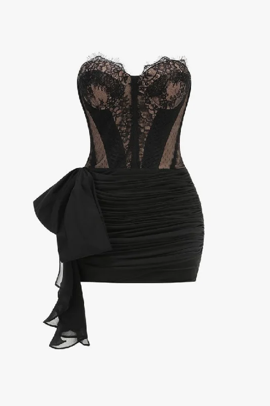 Sexy Bustier Strapless Lace Corset Bow Tie Ruched Bodycon Party Mini Dress Chic Tropical Mini Dress