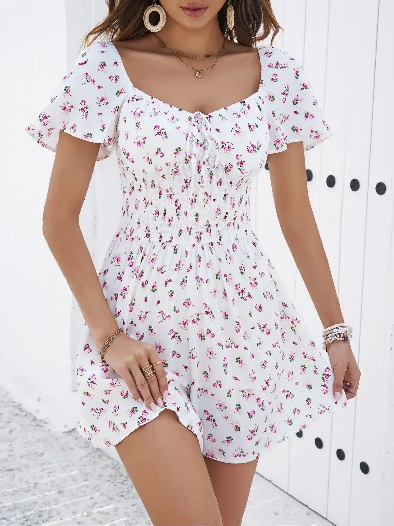 Short Sleeve Elasticated Waist Floral Mini Dress Chic Sleeveless Mini Dress