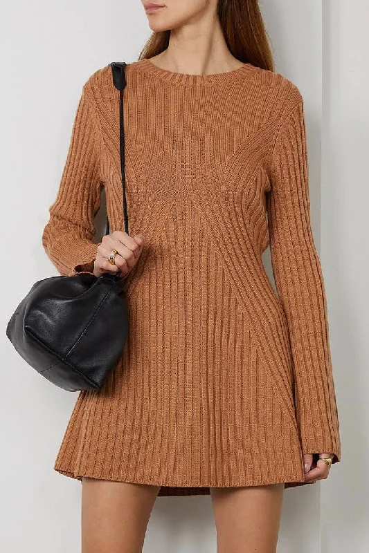 Simple Ribbed Knit Crew Neck Long Sleeve Winter Sweater Mini Dress - Brown Trendy Mesh Mini Dress