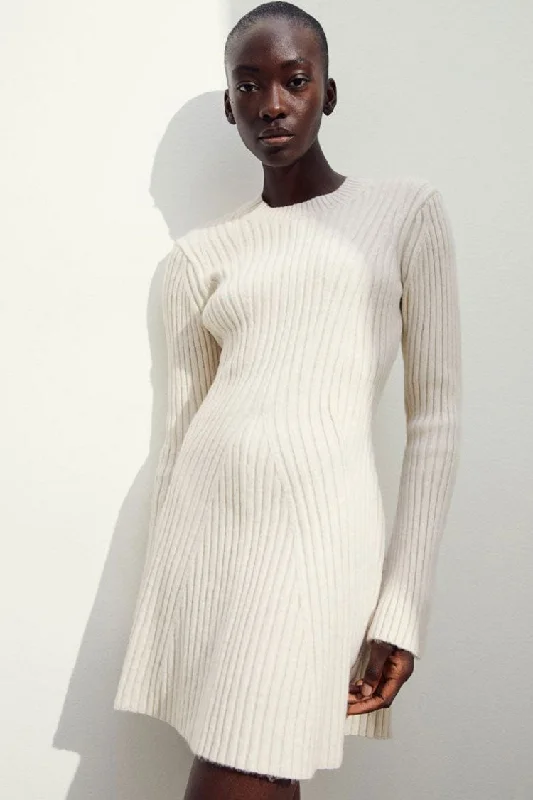 Simple Ribbed Knit Crew Neck Long Sleeve Winter Sweater Mini Dress - Off White Classic Black Mini Dress