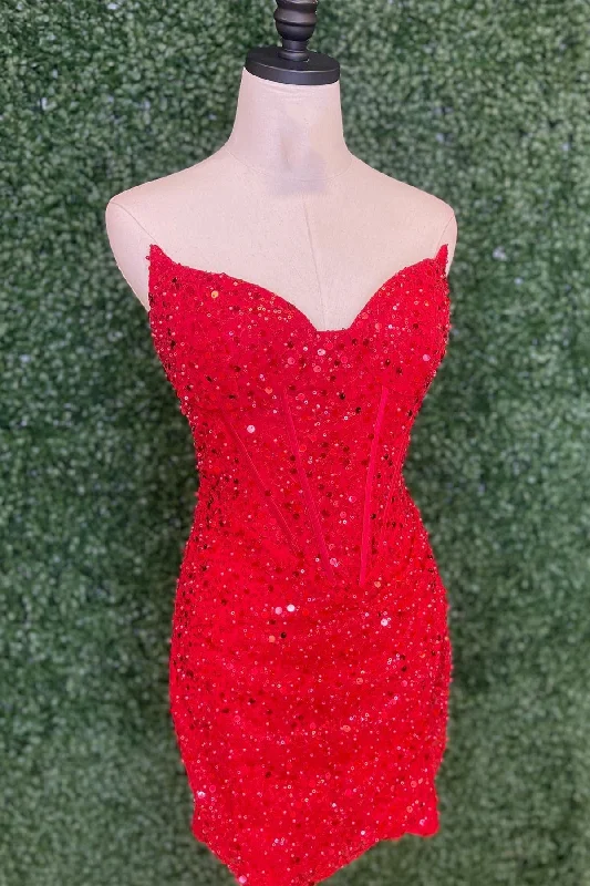 Strapless Red Sequin Tight Mini Dress Fashionable Denim Mini Dress