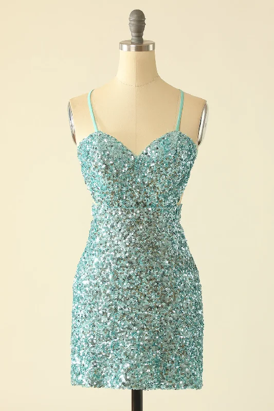 Straps Mint Green Sequin Tight Mini Dress Comfortable Shift Mini Dress