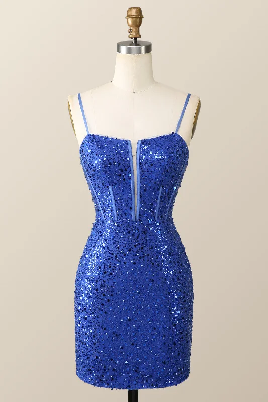 Straps Royal Blue Sequin Tight Mini Dress Comfortable Smocked Mini Dress