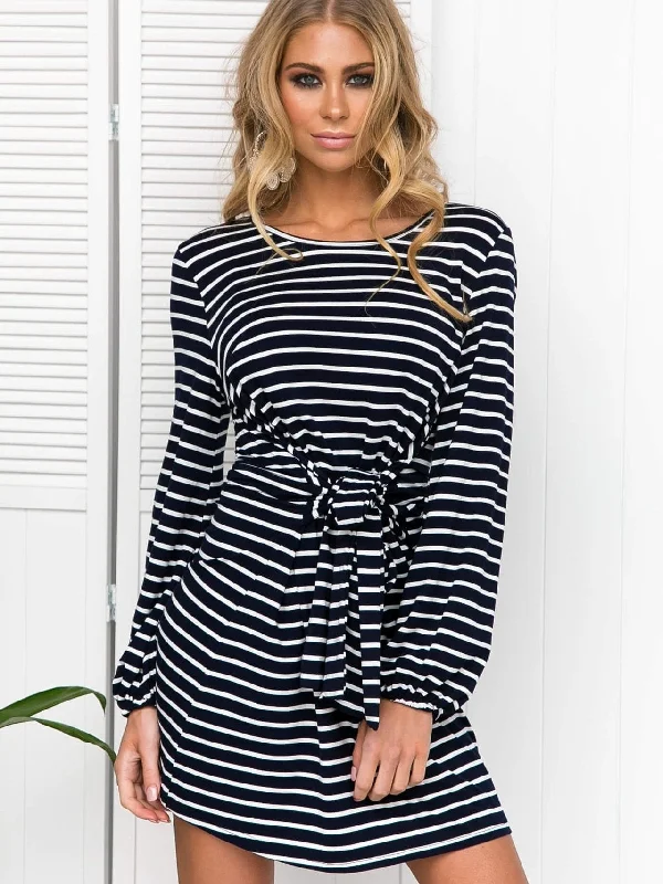 Stripe Boat Neck Slouchy Mini Dress Elegant Floral-Print Mini Dress