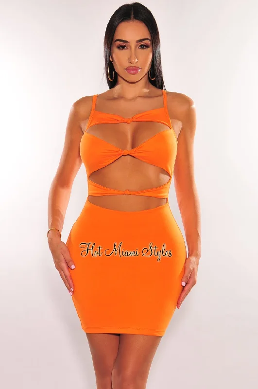 Tangerine Spaghetti Straps Knotted Cut Out Mini Dress Comfortable Ruffle Mini Dress