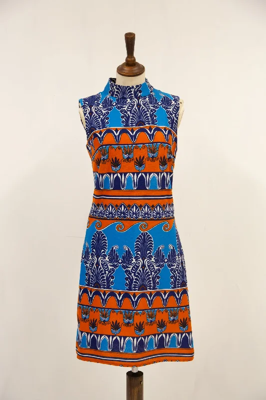 Vintage 1970s Blue Printed Mini Dress Stylish Spaghetti Strap Mini Dress