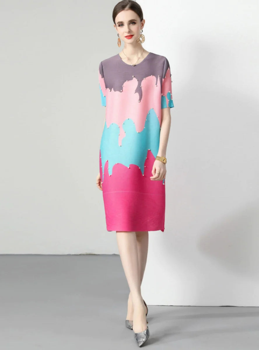 FOLDING BEADED LOOSE SHORT-SLEEVED DRESS