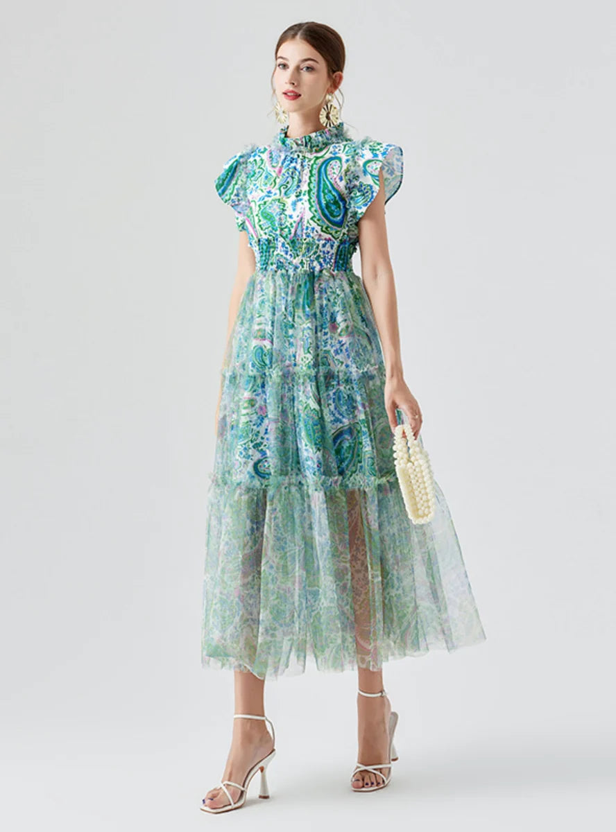 LOTUS LEAF ELASTIC GAUZE PRINTED BIG SWING DRESS