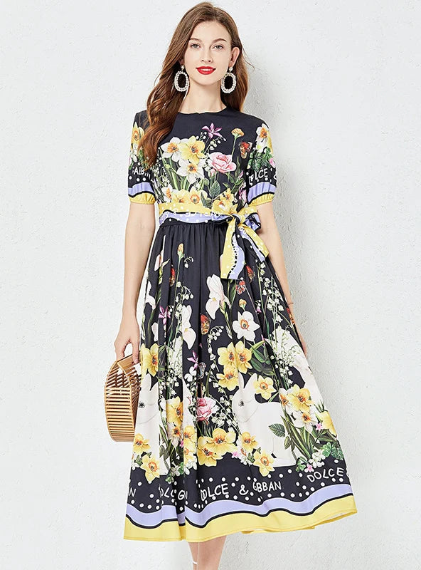 RETRO SHORT-SLEEVED ROUND NECK PRINTED DRESS