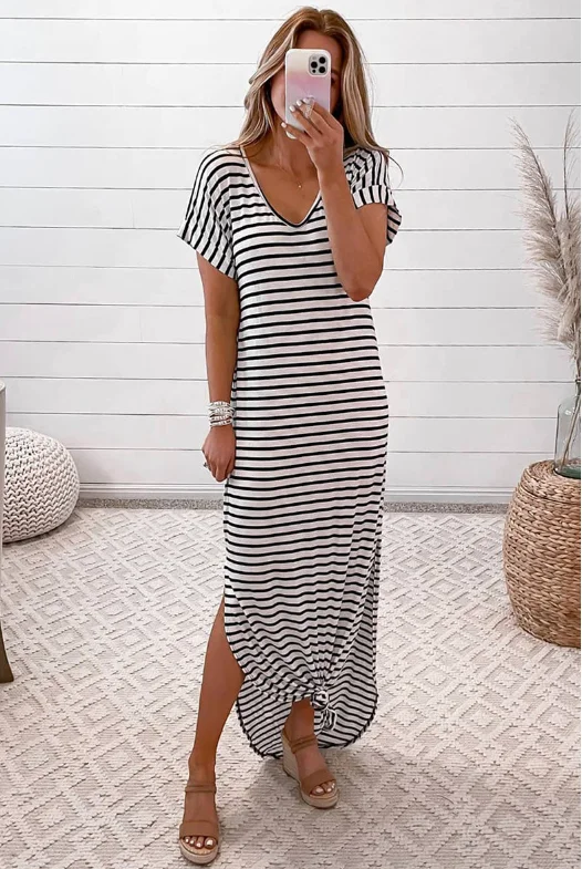 striped short-sleeved V-neck side split hip dress