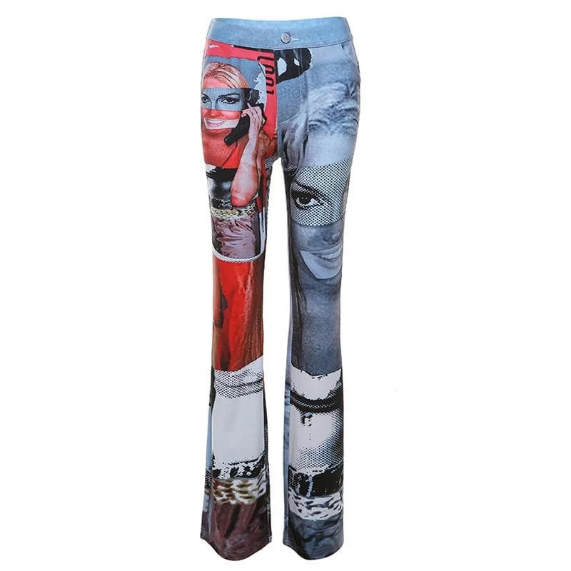 Abstract contrast low rise pocket straight leg pant Trendy Wide-Leg Pants