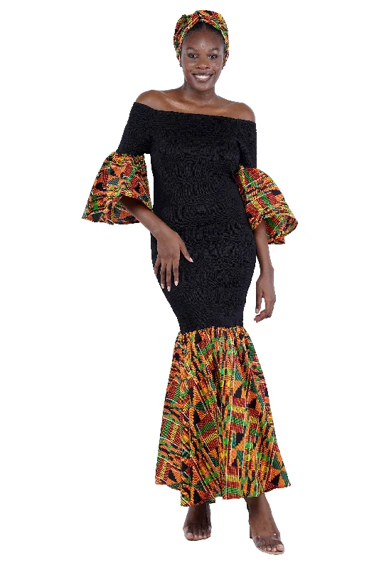 Kente Trim Black Long Smocked Mermaid/Fish Tail Dress