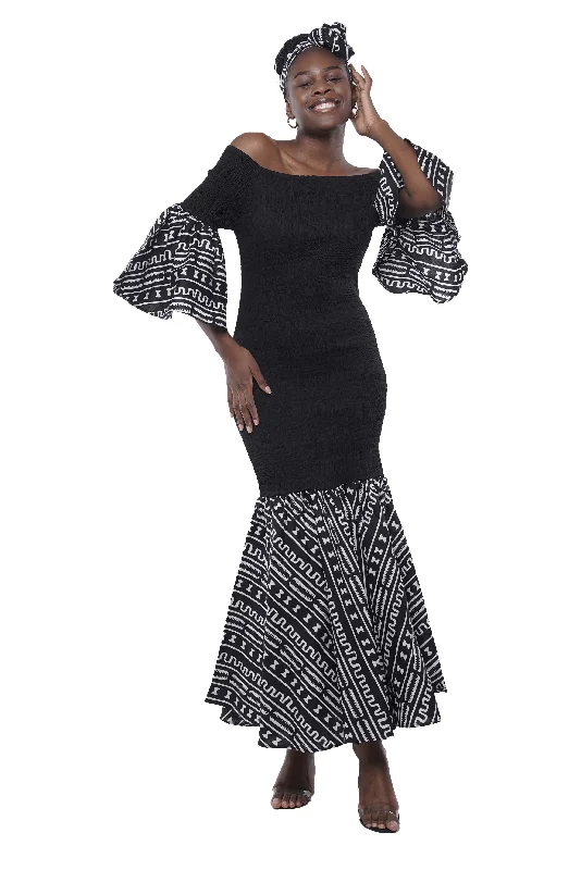 Ankara Trim Black Long Smocked Mermaid/Fish Tail Dress