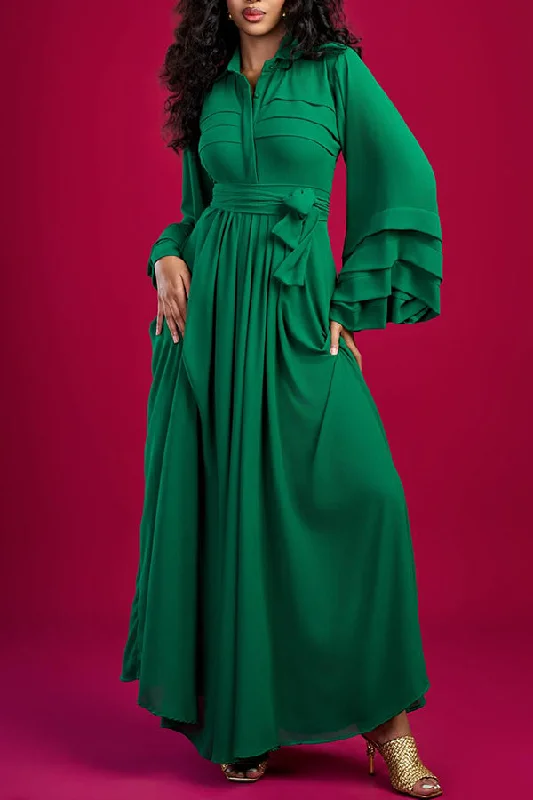 Fashionable trumpet sleeve waist-cinching long dress