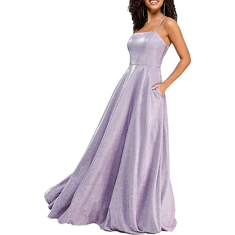 Juniors Womens Lace-Back Glitter Evening Dress