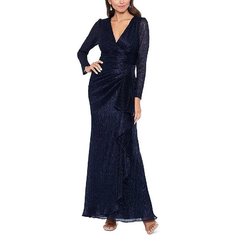 Petites Womens Metallic Gathered Evening Dress