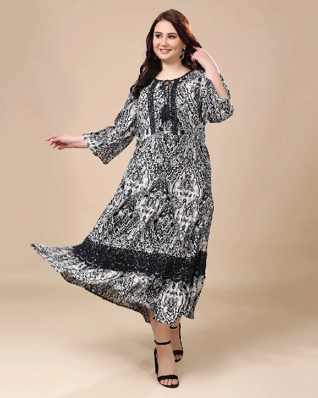 Black Motif Printed Dress with Lace