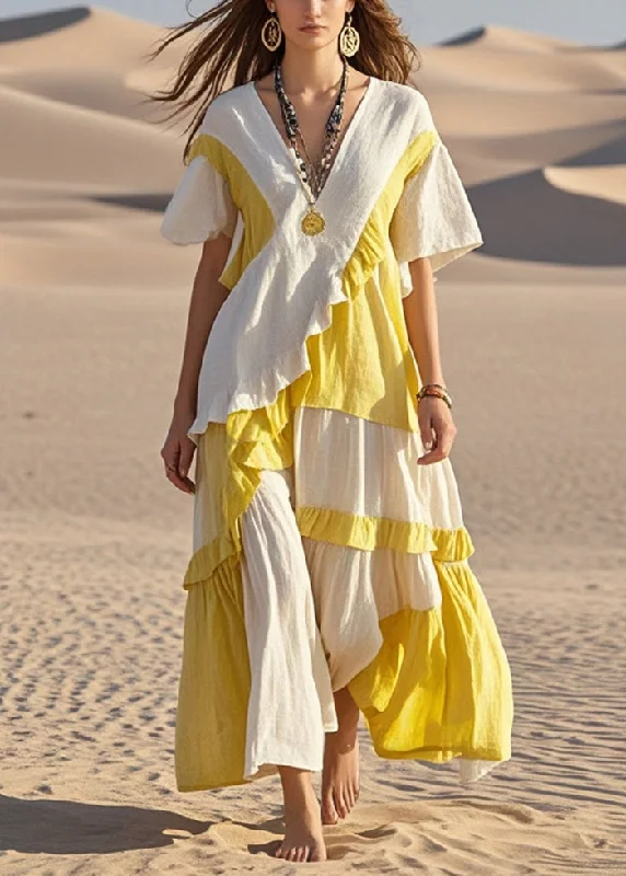 Colorblock Patchwork Ruffled Cotton Long Dress Asymmetrical Summer