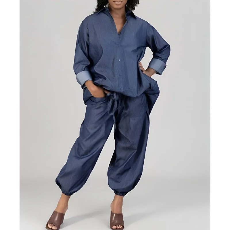 Denim Hi Low Top with Harem Pants separates Chic Wool Trousers
