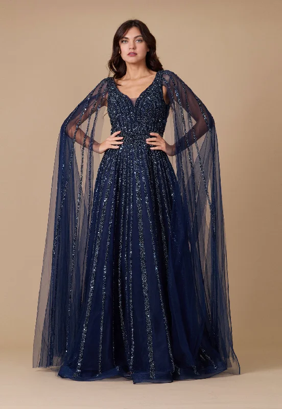 Dylan & Davids Cape Sleeve Heavy Beaded Couture Formal Dress