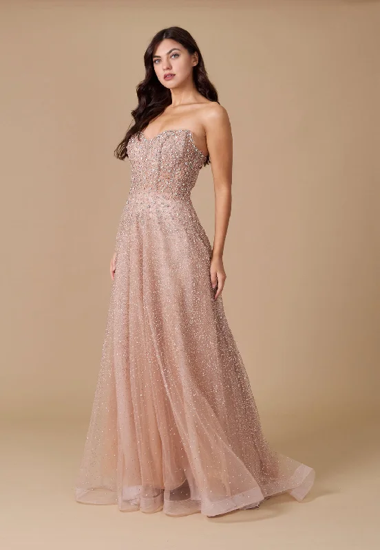 Dylan & Davids Long Strapless Hand Beaded Formal Couture Dress