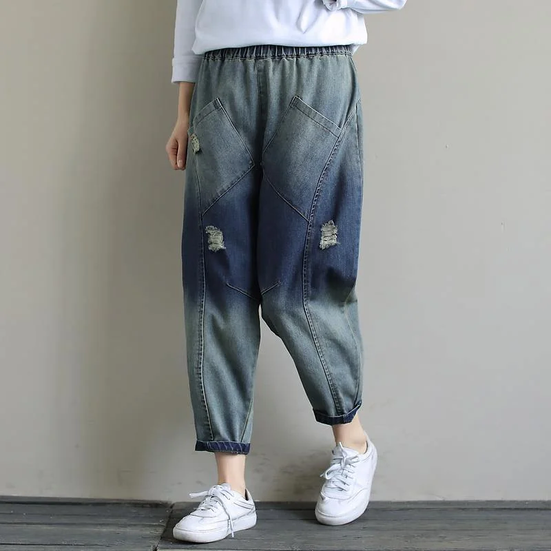 Elegant Spring Casual Pants Stylish Denim Dark Blue Shape Elastic Waist Hole Wild Pants Classic Stretch Pants