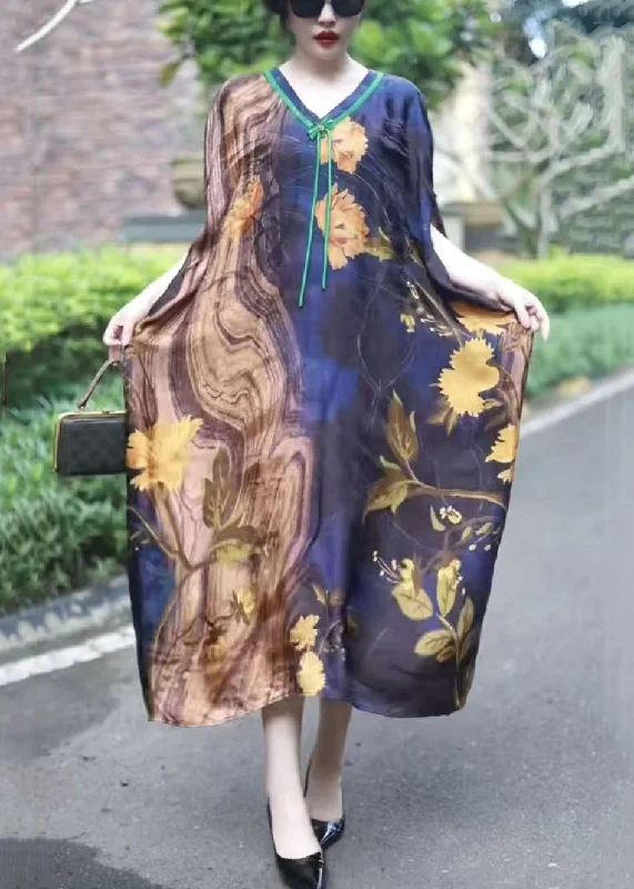 French Colorblock V Neck Print Silk Long Dress Summer