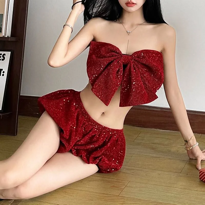 Glitter ruched textured low rise solid short pant Casual Drawstring Pants