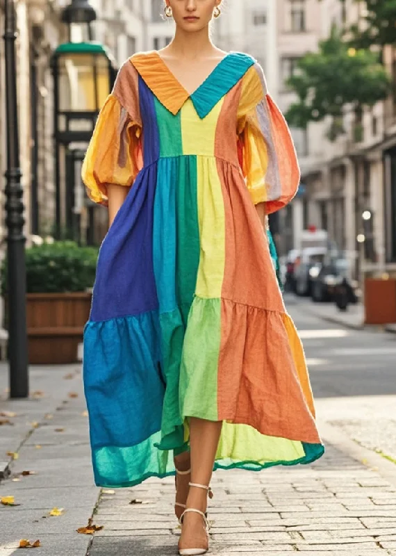 Handmade Colorblock Oversized Patchwork Cotton Dresses Lantern Sleeve