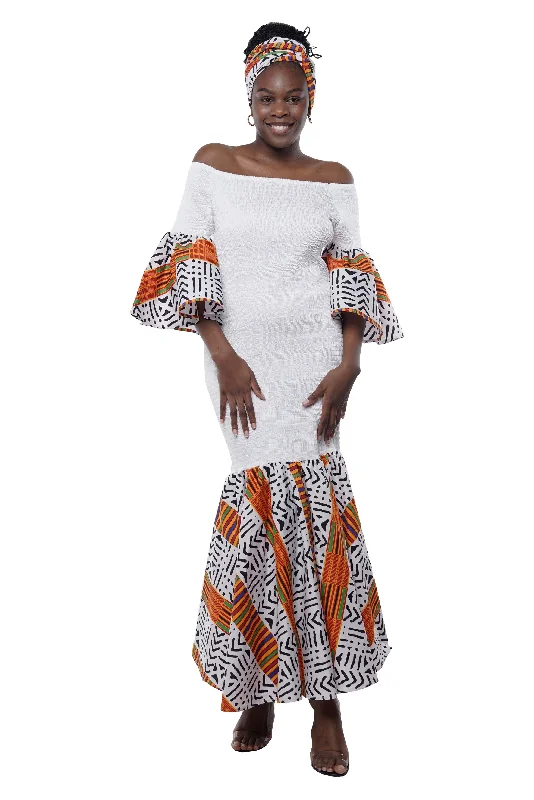 Kente Trim White Long Smocked Mermaid/Fish Tail Dress