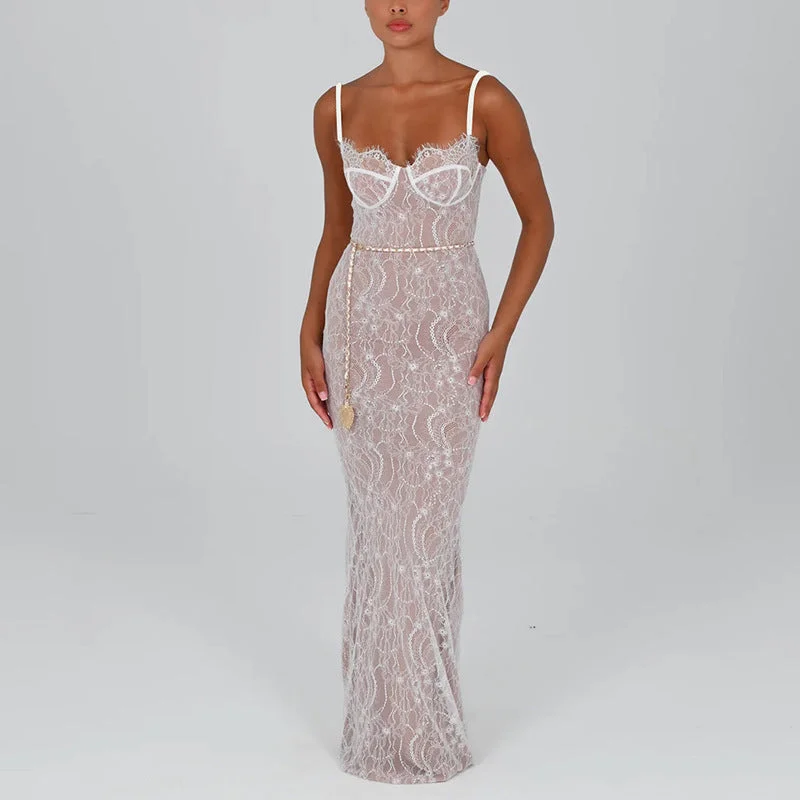 Lace Splicing Sling Long Dress