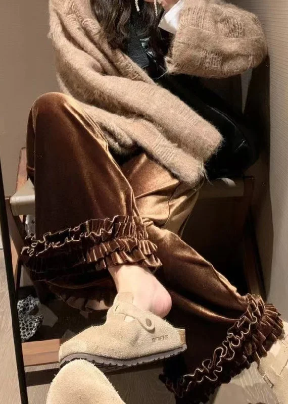 Loose Caramel Ruffled Elastic Waist Silk Crop Pants Winter Trendy Wide-Legged Trousers