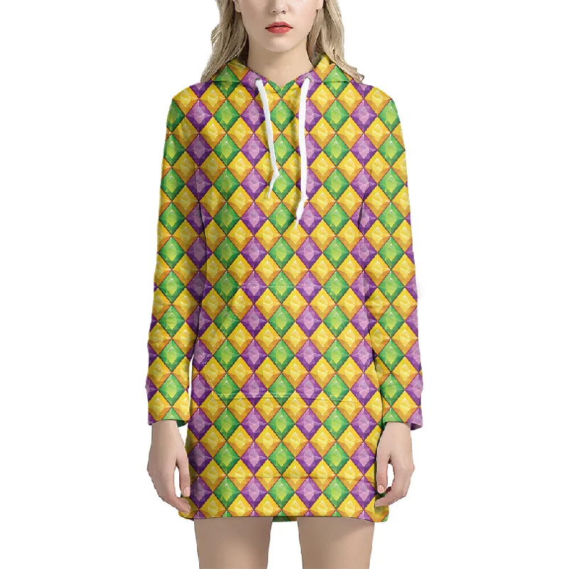 Mardi Gras Diamond Pattern Print Pullover Hoodie Dress