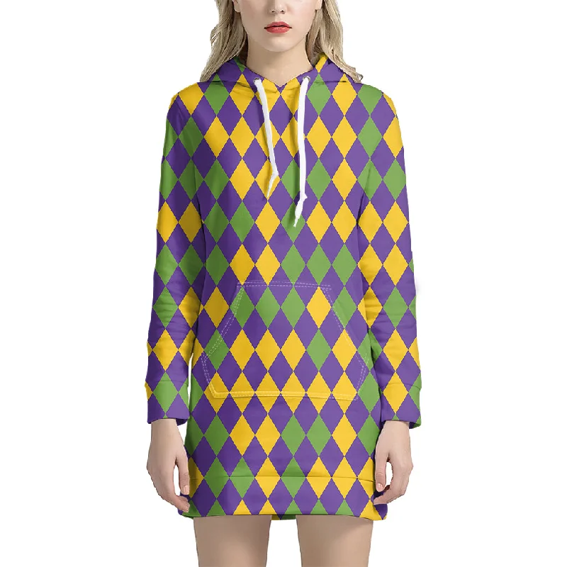 Mardi Gras Harlequin Pattern Print Pullover Hoodie Dress