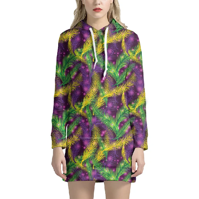 Mardi Gras Palm Leaf Pattern Print Pullover Hoodie Dress