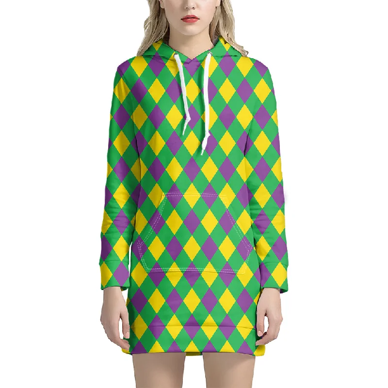 Mardi Gras Plaid Pattern Print Pullover Hoodie Dress