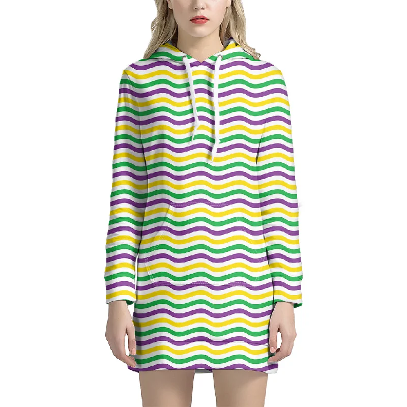 Mardi Gras Wave Pattern Print Pullover Hoodie Dress