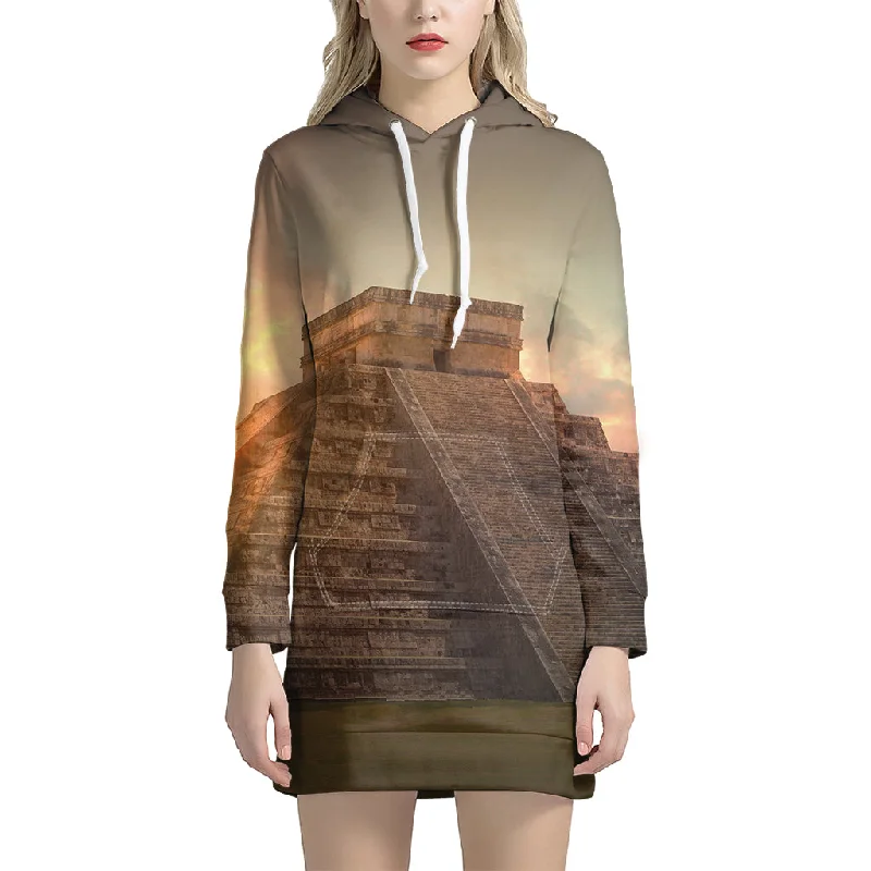Mayan Pyramid Print Pullover Hoodie Dress