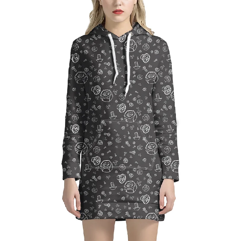 Mechanic Nuts and Bolts Pattern Print Pullover Hoodie Dress