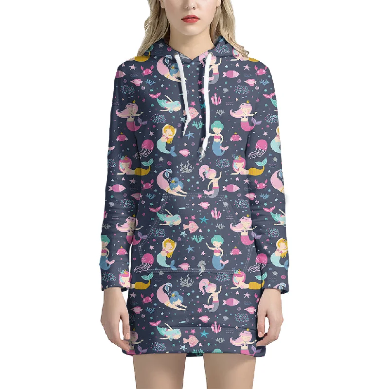 Mermaid Cartoon Pattern Print Pullover Hoodie Dress