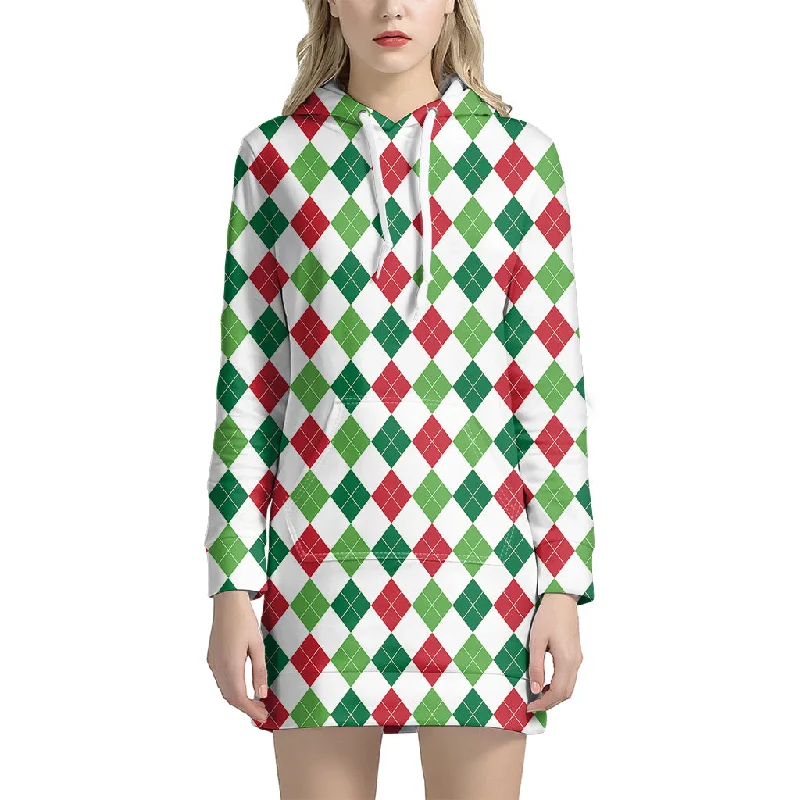 Merry Christmas Argyle Pattern Print Pullover Hoodie Dress