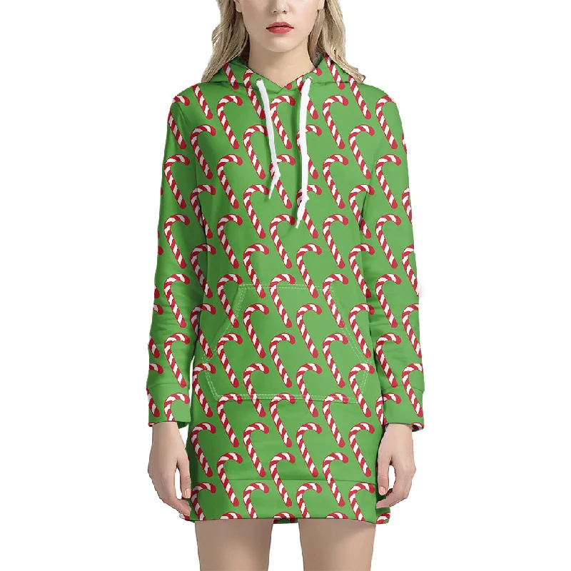 Merry Christmas Candy Cane Pattern Print Pullover Hoodie Dress