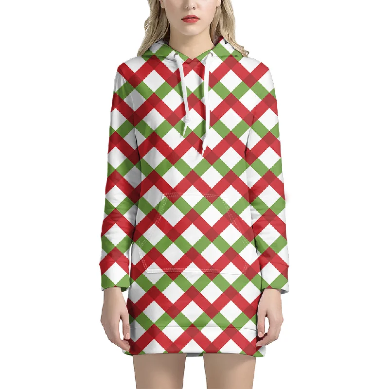 Merry Christmas Checkered Pattern Print Pullover Hoodie Dress