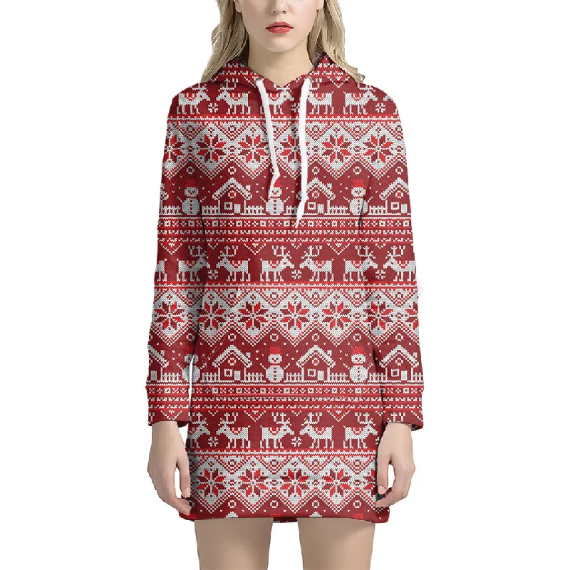 Merry Christmas Knitted Pattern Print Pullover Hoodie Dress