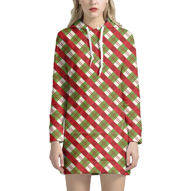 Merry Christmas Plaid Pattern Print Pullover Hoodie Dress