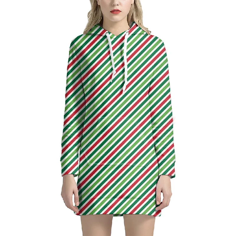 Merry Christmas Stripes Pattern Print Pullover Hoodie Dress