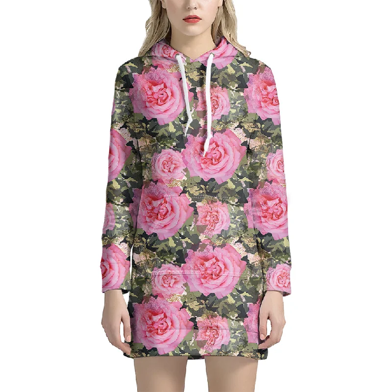 Military Camouflage Flower Pattern Print Pullover Hoodie Dress
