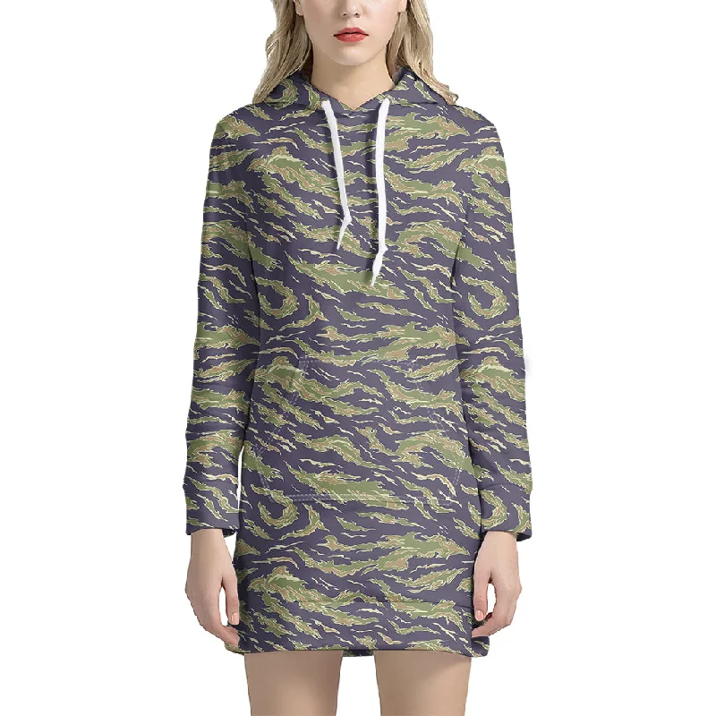 Military Tiger Stripe Camouflage Print Pullover Hoodie Dress
