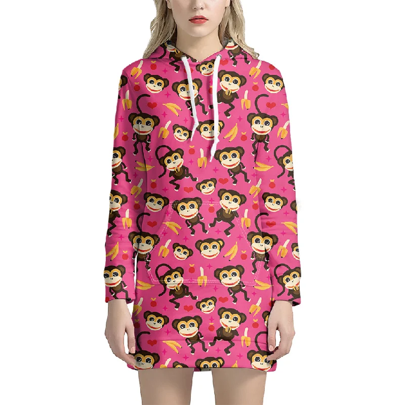 Monkey And Banana Pattern Print Pullover Hoodie Dress